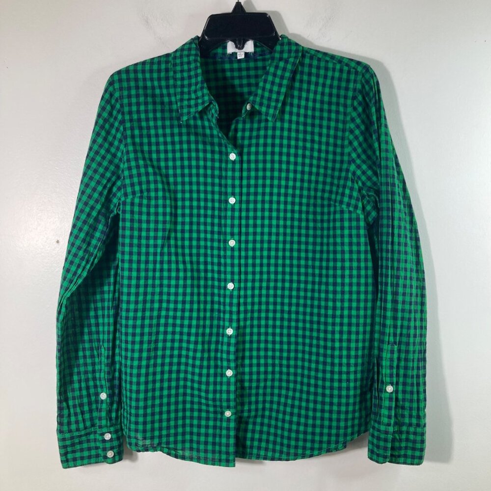 Womens Crown & Ivy Gingham Button Shirt Long Sleeve Green Blue L Cotton